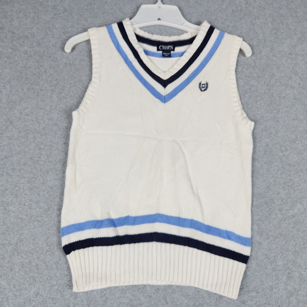 Chaps Sweater Vest Boys M 10-12 White Blue Knit Sleeveless V-Neck Logo Pullover